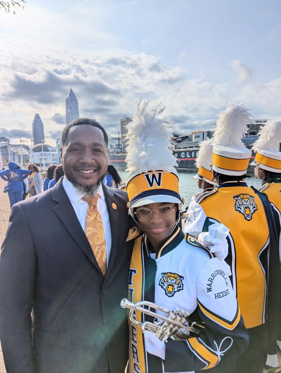 Warrensville Heights High School band director Donshon Wilson and band member Nadia Kelly